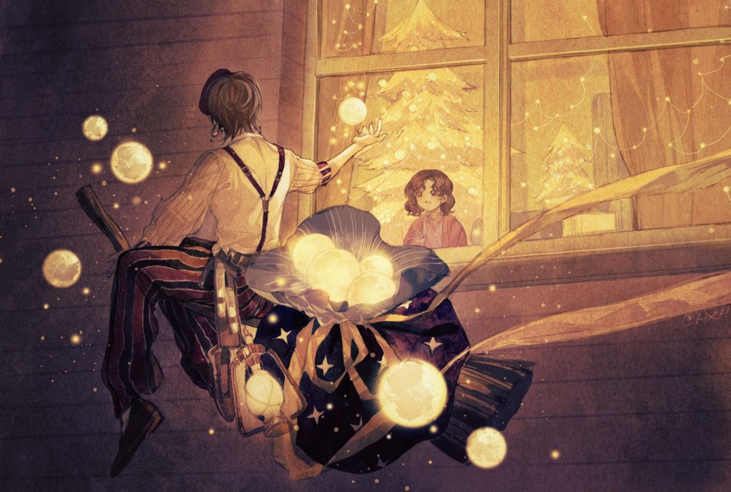 1boy, 1girl, black_hair, broom, broom_riding, brown_hair, christmas_lights, christmas_tree