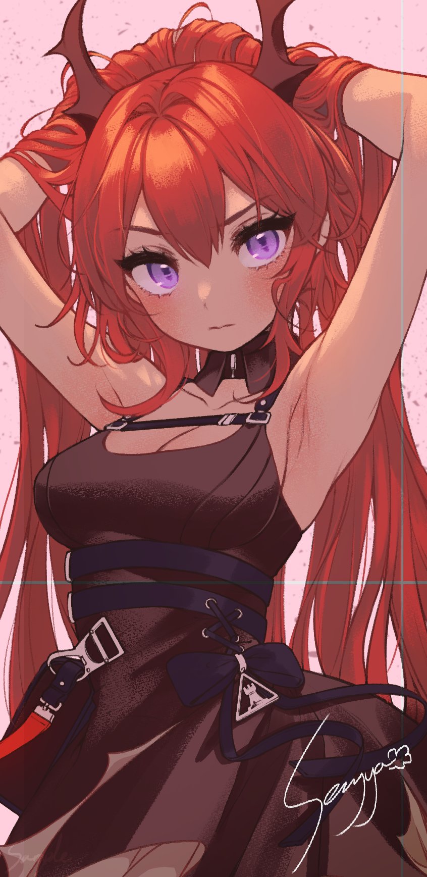 1girl, arknights, armpits, arms_up, bare_arms, belt, black_belt, black_dress, blush, breasts, cleavage, commentary_request, dress, hair_between_eyes, hair_intakes, highres, horns, ice_s_s_z, long_hair, looking_at_viewer, medium_breasts, pink_background, purple_eyes, red_hair, simple_background, sleeveless, sleeveless_dress, solo, surtr_(arknights), upper_body, very_long_hair