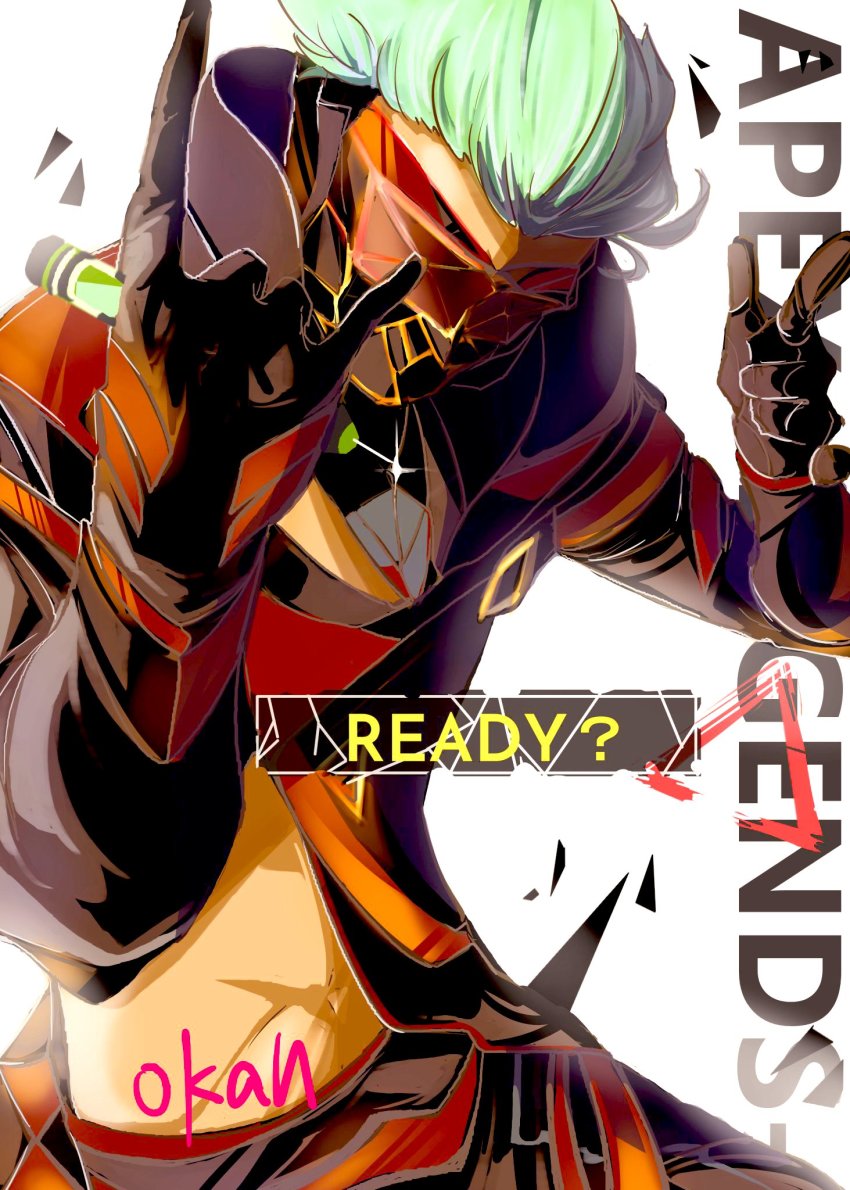 \m/, apex_legends, black_gloves, black_jacket, copyright_name, gloves, green_hair, hair_slicked_back