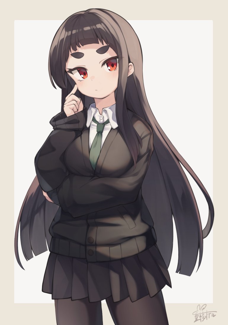 1girl, black_cardigan, black_hair, black_pantyhose, black_skirt, blush, brown_background, cardigan