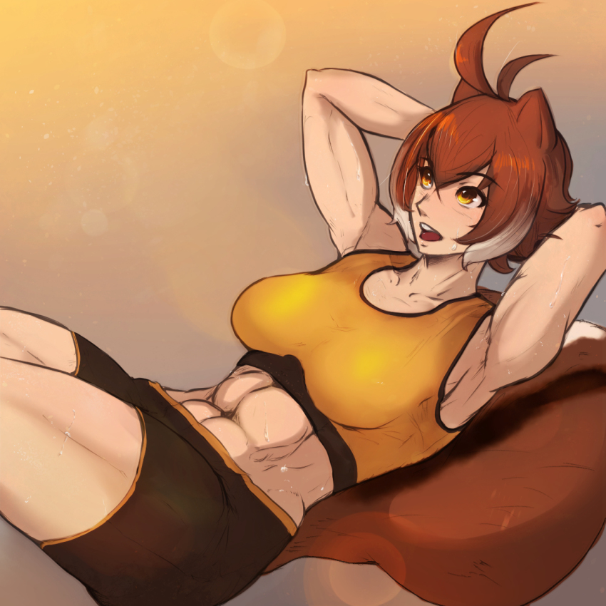 1girl, abs, animal_ears, blazblue, breasts, brown_hair, giltori, highres, large_breasts, makoto_nanaya, muscular, muscular_female, short_hair, shorts, sports_bra, squirrel_ears, squirrel_tail, tail, white_hair