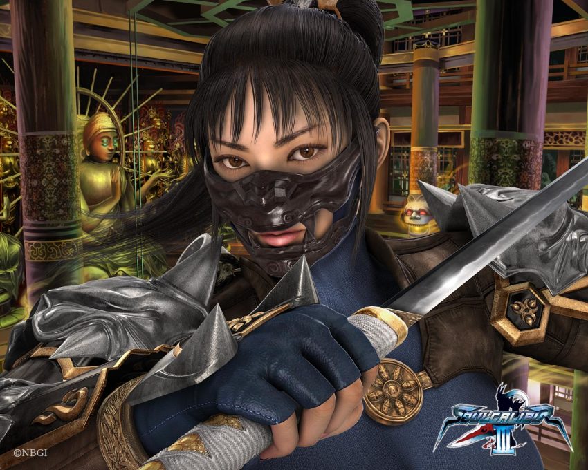 1girl, 3d, black_hair, blue_bodysuit, bodysuit, breasts, brown_eyes, buddhism, buddhist_temple, kodachi, large_breasts, mask, namco, official_art, ponytail, short_sword, soul_calibur, soulcalibur, soulcalibur_iii, sword, taki_(soulcalibur), temple, weapon