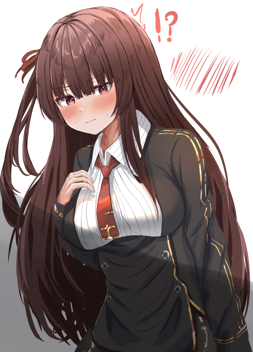 !?, 1girl, absurdres, blazer, blush, breasts, brown_hair, girls'_frontline