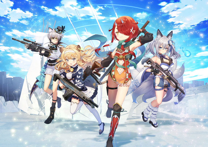 4girls, ak-47, animal_ear_fluff, animal_ears, armpits, assault_rifle, bell, belt