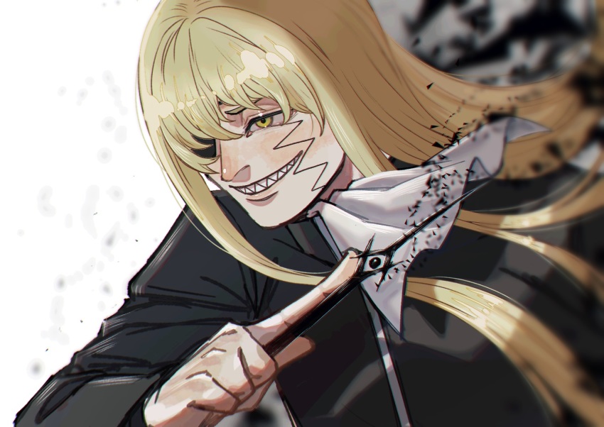 1boy, 947kyoukou, ascot, black_robe, blonde_hair, blurry, eyepatch, grin