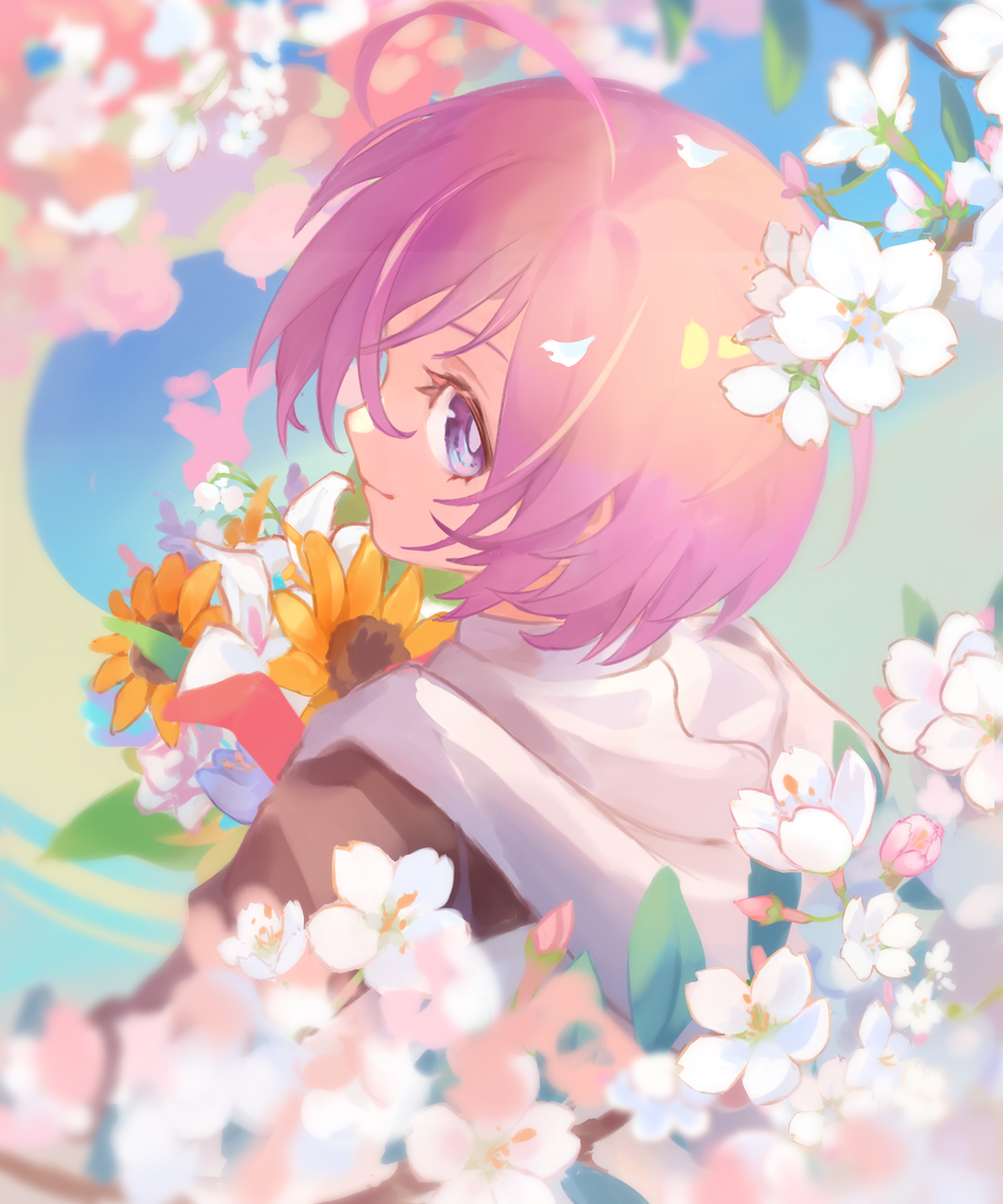 1girl, ahoge, bouquet, brown_jacket, cherry_blossoms, closed_mouth, commentary, fate/grand_order
