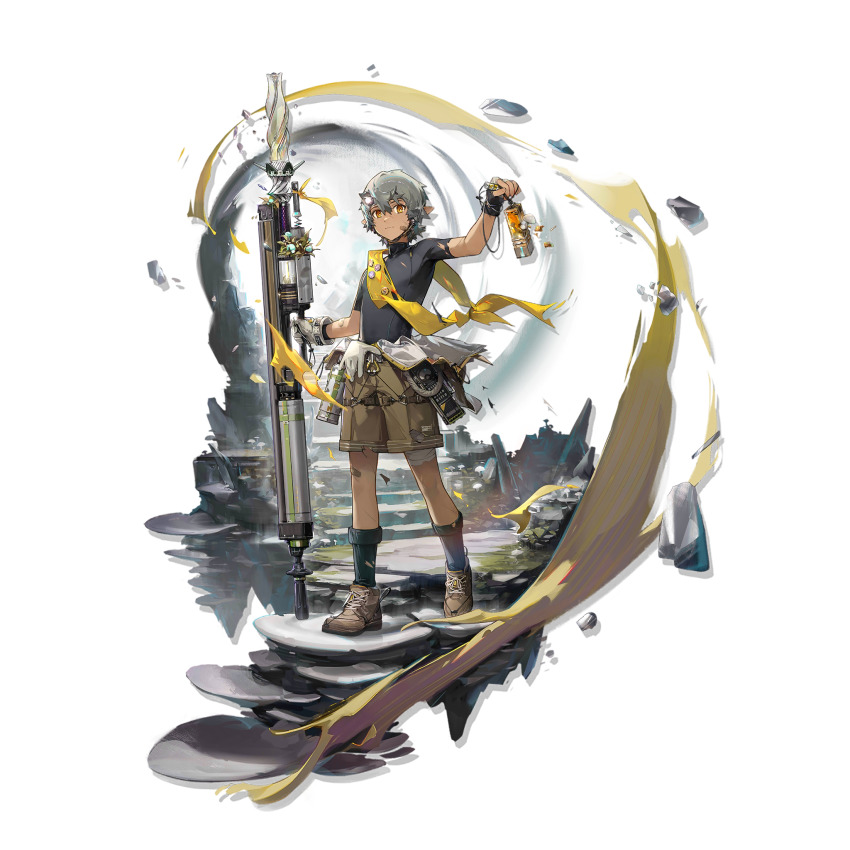 1boy, arknights, black_boots, black_shirt, boots, brown_boots, brown_shorts, chestnut_(arknights)