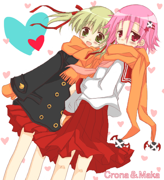 00s, 1girl, androgynous, bad_id, bad_pixiv_id, blonde_hair, blush, coat, crona_(soul_eater), gloves, green_eyes, hair_between_eyes, hair_ornament, hair_ribbon, hairclip, heart, kaimuari, kanasaki, long_hair, maka_albarn, open_mouth, pink_eyes, pink_hair, ribbon, sakurazawa_izumi, scarf, school_uniform, short_hair, shy, skirt, smile, soul_eater, twintails, winter_clothes