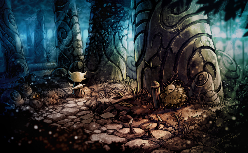 6+others, aluba_(hollow_knight), bug, cape, character_request, closed_eyes, cobblestone, from_behind