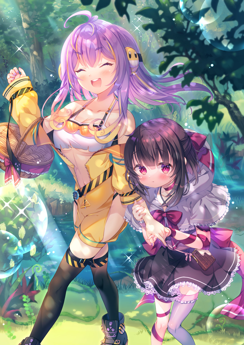 2girls, :d, :t, absurdres, ahoge, amo_(shibu3), arm_up, badge