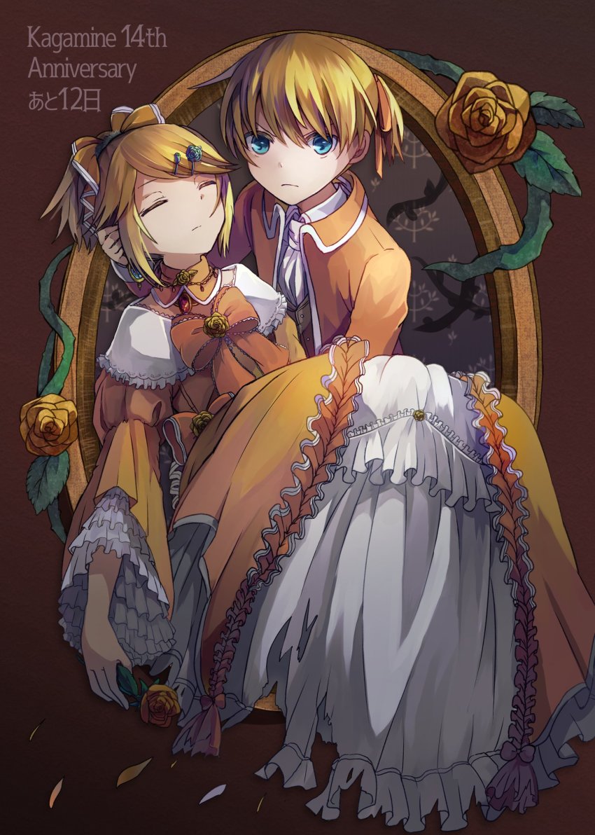 1boy, 1girl, aku_no_meshitsukai_(vocaloid), aku_no_musume_(vocaloid), allen_avadonia, anniversary, ascot, blonde_hair