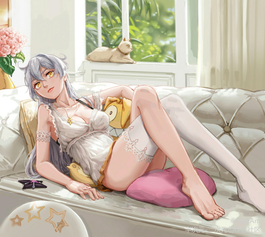 1girl, cat, closed_mouth, couch, crossed_legs, curtains, cushion, doll, flower, full_body, highres, homu_(honkai_impact), honkai_(series), honkai_impact_3rd, indoors, kiana_kaslana, kiana_kaslana_(herrscher_of_the_void), lips, long_hair, looking_at_viewer, lying, nightgown, on_back, pajamas, pink_flower, pink_rose, rose, single_thighhigh, smile, thighhighs, toes, tristana-shen, white_hair, white_thighhighs, window, yellow_eyes