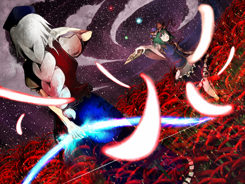 2girls, arm_behind_back, bad_id, bad_pixiv_id, blue_eyes, bow_(weapon), danmaku, female_focus