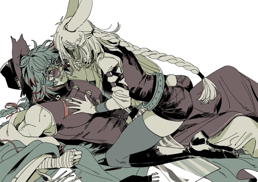 1boy, 1girl, animal_ears, arknights, ass, belt, black_footwear, black_headwear