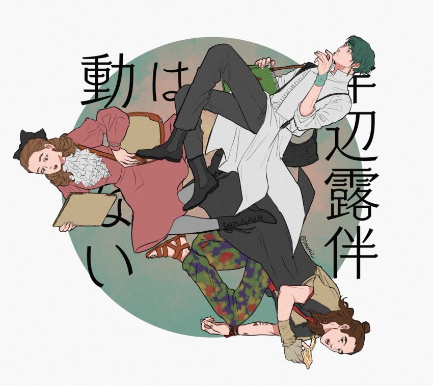 1girl, 2boys, ankle_boots, arm_tattoo, bad_id, bad_pixiv_id, bag, black_bow, black_footwear, black_pants, boots, bow, bracelet, brown_hair, circle, commentary, dress, earrings, film_grain, food, forehead, frills, gloves, green_hair, grey_pantyhose, hai_sakana, hair_bow, half_updo, headband, holding, holding_food, holding_pizza, holding_tablet_pc, izumi_kyouka_(jojo), jacket, jewelry, jojo_no_kimyou_na_bouken, juliet_sleeves, kishibe_rohan, kishibe_rohan_wa_ugokanai, kishibe_rohan_wa_ugokanai_(live_action), knee_boots, lace-up_boots, leg_up, long_sleeves, multiple_boys, open_mouth, pants, pantyhose, partially_fingerless_gloves, pink_dress, pizza, pizza_slice, print_pants, puffy_sleeves, red_shirt, sandals, shirt, shishi_juugo, short_hair, short_sleeves, shoulder_bag, single_glove, sketchbook, sleeves_pushed_up, suspenders, t-shirt, tablet_pc, tattoo, topknot, white_shirt