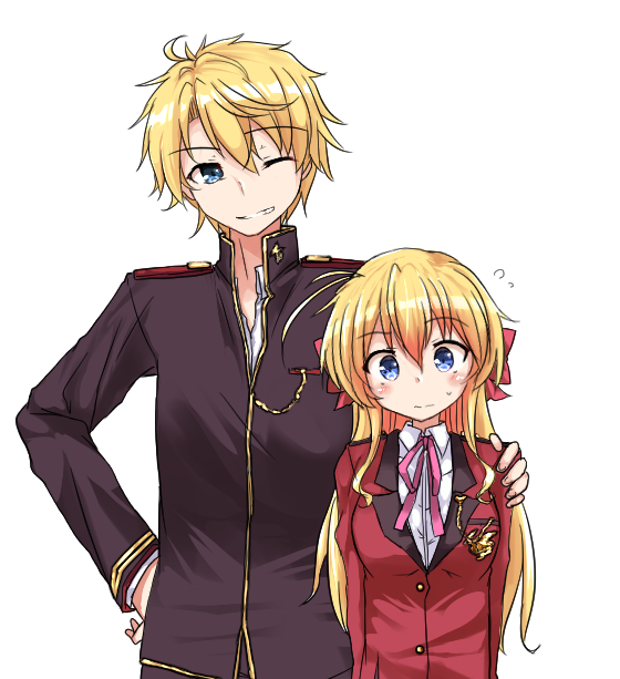 1boy, 1girl, blazer, blonde_hair, blue_eyes, brother_and_sister, fortune_arterial, gakuran