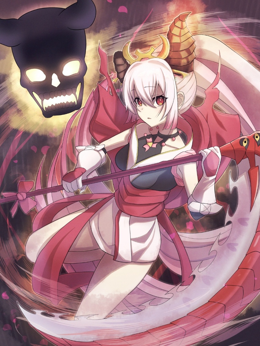 1girl, breasts, broken_horn, duel_monster, feet_out_of_frame, floating_skull, gloves, gradient_hair, hair_between_eyes, halterneck, highres, holding, holding_scythe, horns, japanese_clothes, jay_b_098, kimono, long_hair, multicolored_hair, obi, pink_hair, red_blossoms_from_underroot, red_eyes, sash, scythe, skull, sleeveless, sleeveless_kimono, solo, terrors_of_the_overroot, very_long_hair, white_gloves, white_hair, yu-gi-oh!