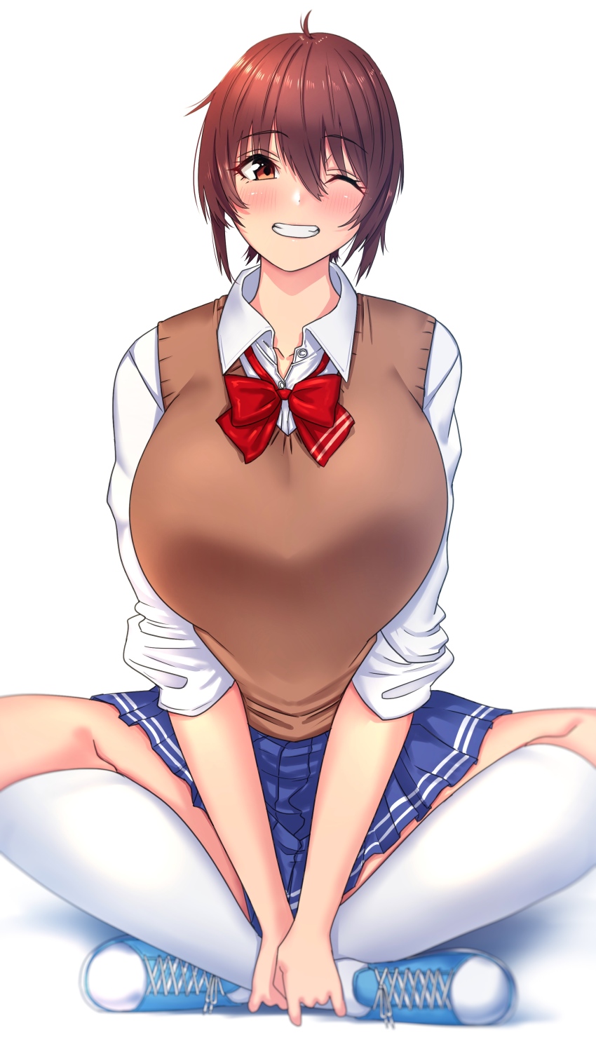 1girl, absurdres, bouhatei_(t-back), bow, bowtie, breasts, brown_eyes, brown_hair