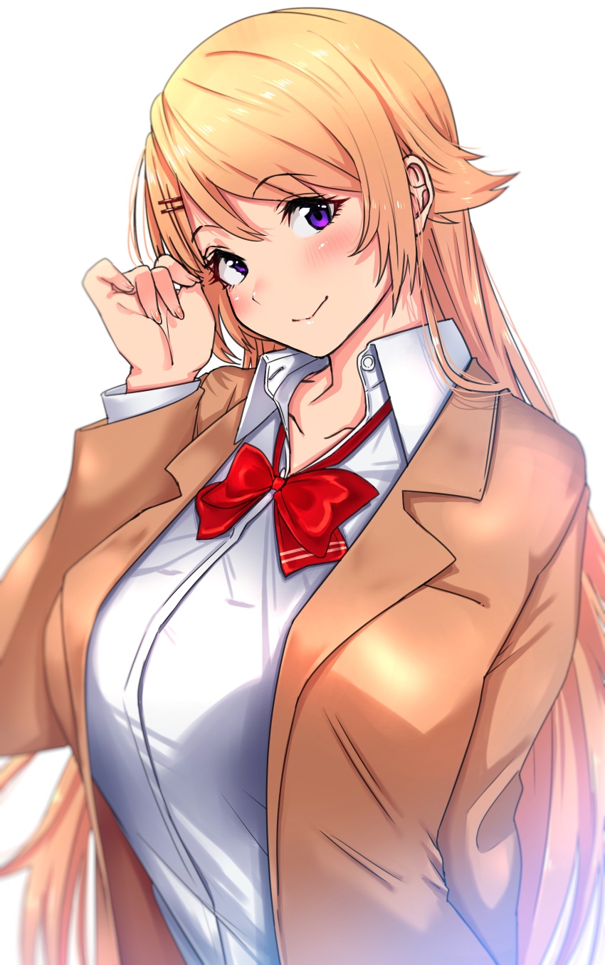 1girl, absurdres, adjusting_hair, blazer, blonde_hair, bouhatei_(t-back), bow, bowtie