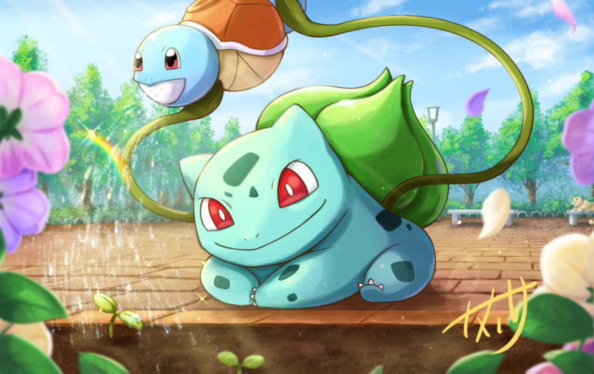 bright_pupils, bulbasaur, claws, closed_mouth, cloud, commentary_request, day, falling_petals