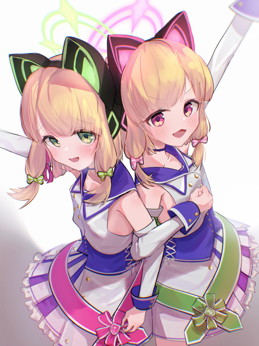 2girls, absurdres, alternate_costume, animal_ear_headphones, animal_ears, asymmetrical_bangs, blonde_hair, blue_archive