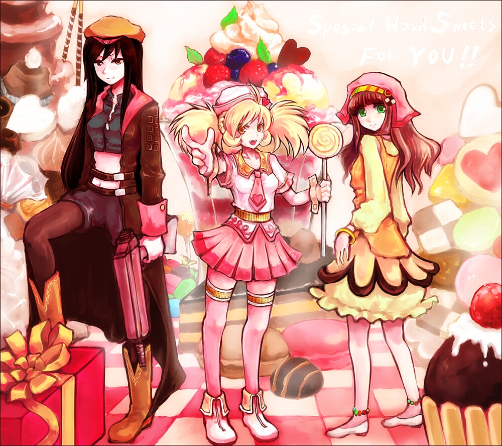 3girls, beatmania_iidx, bemani, blonde_hair, blueberry, boots, brown_eyes, brown_hair, candy, checkerboard_cookie, chocolate, cookie, cupcake, english_text, engrish_text, food, fruit, gift, green_eyes, gun, hat, heart, ice_cream, in_food, legs, lollipop, long_hair, macaron, midriff, mini_person, minigirl, multiple_girls, nagyi, necktie, original, pantyhose, pantyhose_under_shorts, personification, ranguage, raspberry, red_hair, shorts, skirt, swirl_lollipop, thighhighs, twintails, weapon, yellow_eyes, zettai_ryouiki, zipper