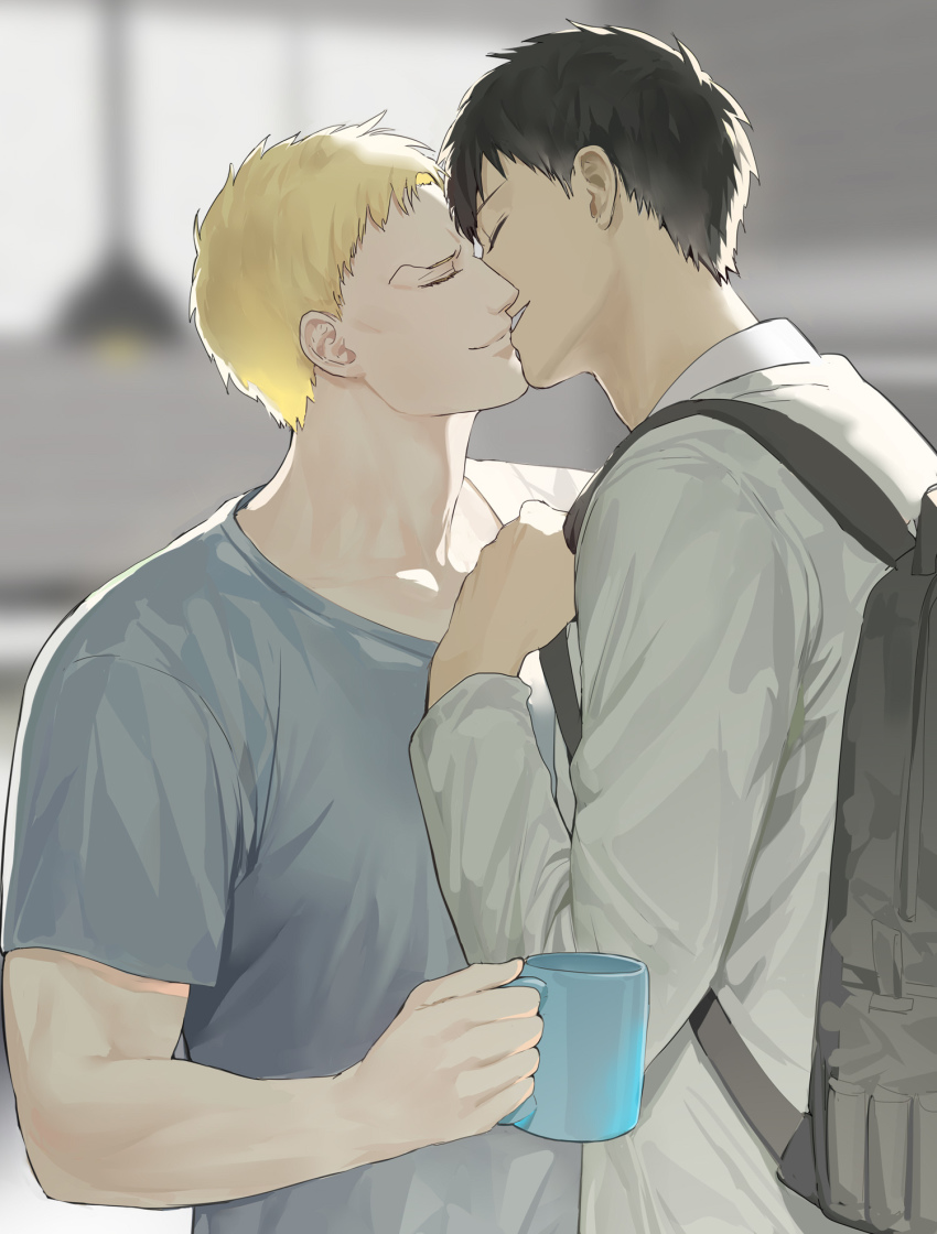 2boys, backpack, bag, bertolt_hoover, black_hair, blonde_hair, blue_shirt, casual
