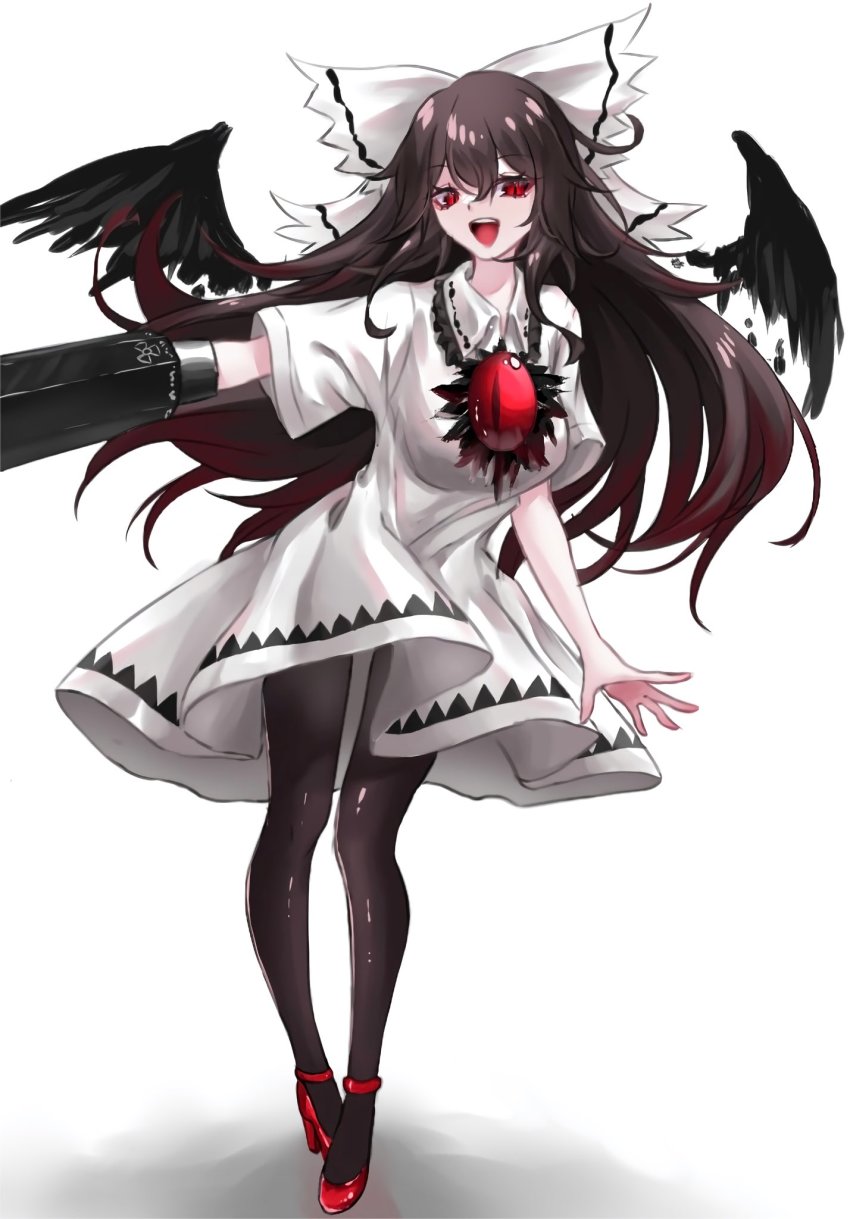 1girl, 4_shika, :d, adapted_costume, alternate_color, arm_cannon, black_hair, black_pantyhose