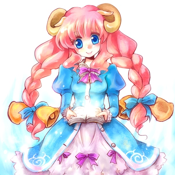 10s, animal_ears, bell, blue_eyes, book, braid, dress, hair_ornament