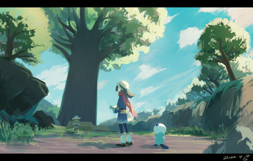 1boy, 1girl, absurdres, akari_(pokemon), black_hair, black_sash, cloud, commentary_request