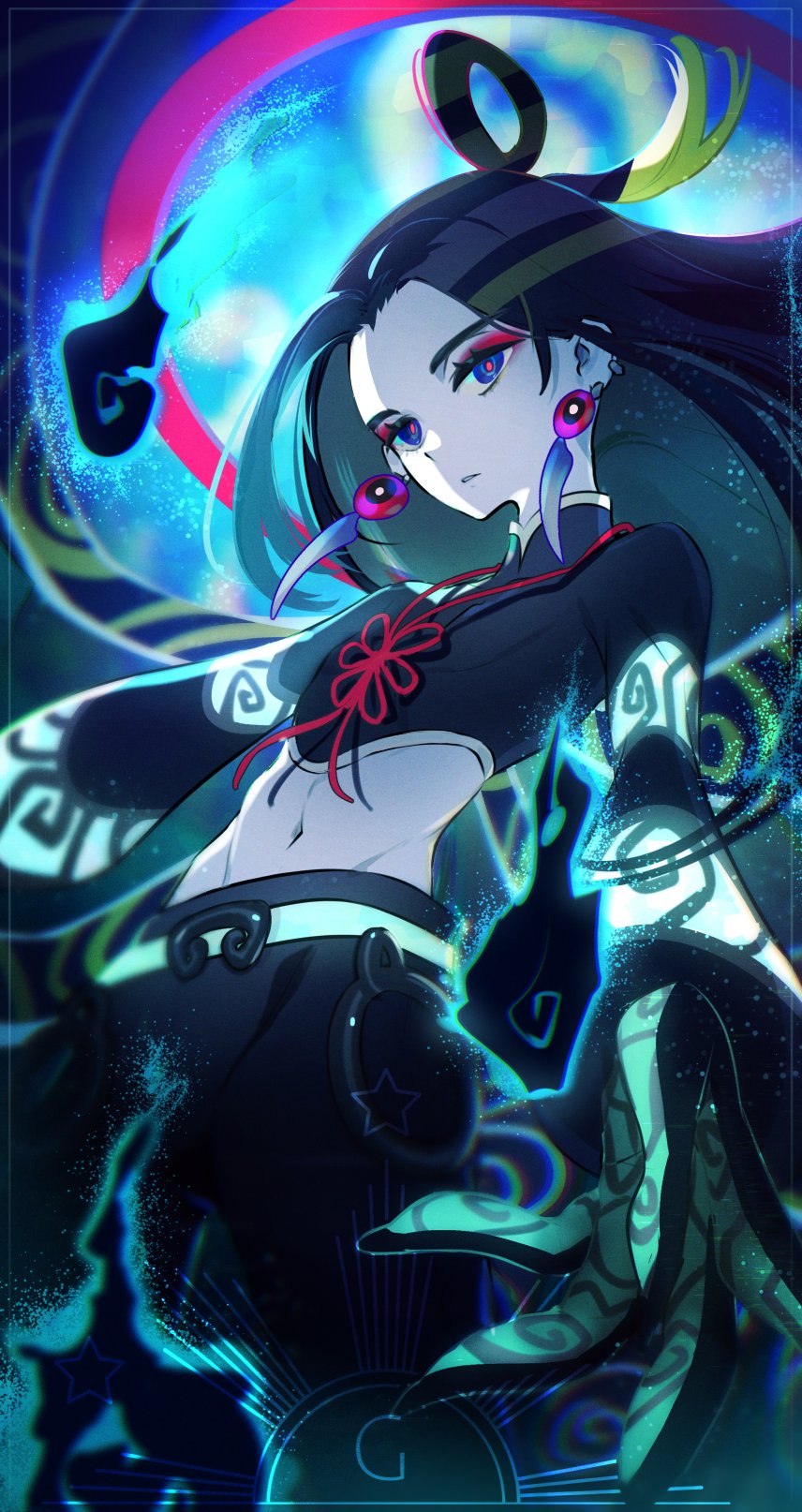 1boy, black_hair, black_pants, blue_eyes, blue_hair, chinese_clothes, crop_top, earrings