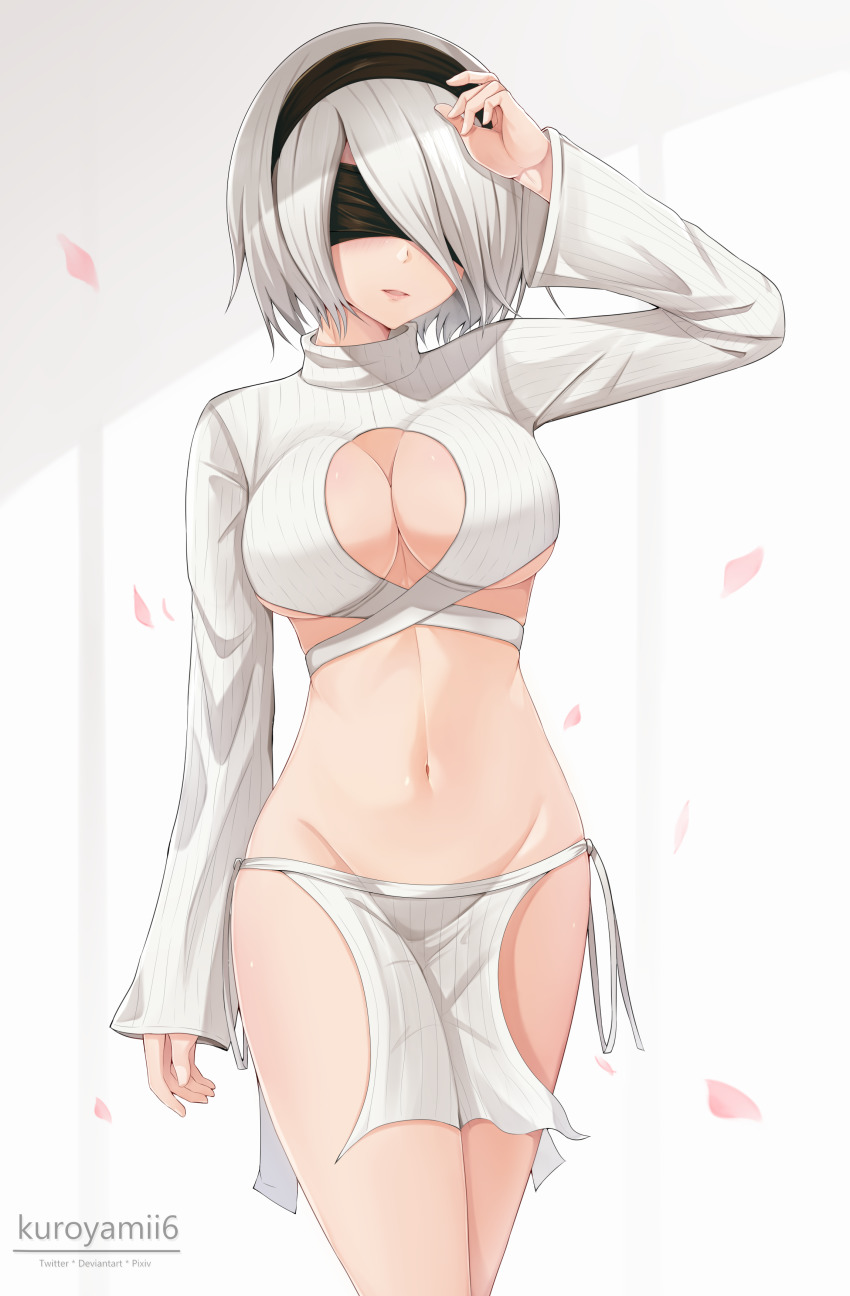 1girl, 2b_(nier:automata), absurdres, arm_up, artist_name, black_hairband, blindfold, blush, breasts, cleavage, commentary, commission, evolved_virgin_killer_sweater, hairband, highres, kuroyamii, large_breasts, lips, long_sleeves, looking_at_viewer, medium_breasts, midriff, navel, nier:automata, nier_(series), parted_lips, pelvic_curtain, petals, revealing_clothes, short_hair, signature, simple_background, sleeves_past_wrists, solo, stomach, thighs, turtleneck, white_hair