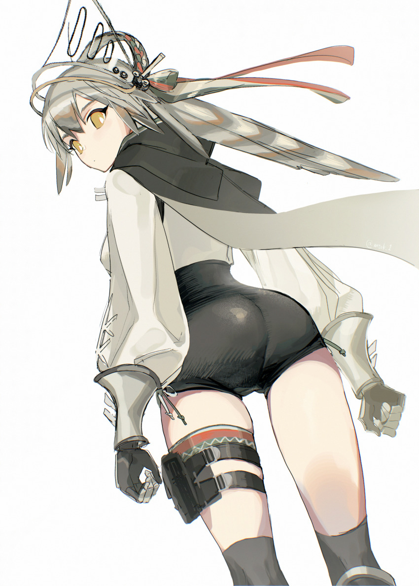 1girl, arknights, ass, asymmetrical_gloves, black_cape, black_gloves, black_legwear, black_shorts