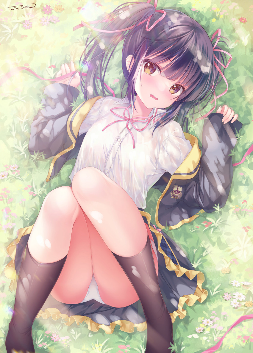 1girl, black_hair, black_jacket, black_skirt, black_socks, blush, brown_eyes, brown_flower