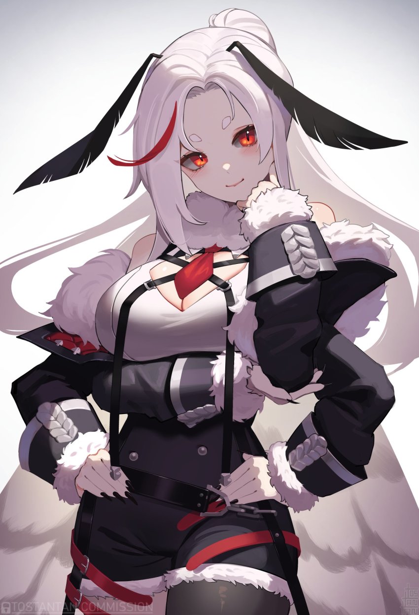 1girl, antennae, arthropod_girl, breasts, colored_sclera, commission, extra_arms, fingernails, fur_trim, grey_sclera, hands_on_own_hips, highres, indie_virtual_youtuber, insect_girl, insect_wings, large_breasts, long_fingernails, long_hair, looking_at_viewer, lyra_calyptra, moth_antennae, moth_girl, moth_wings, multicolored_hair, nail_polish, necktie, ponytail, red_eyes, red_hair, sharp_fingernails, shorts, single_leg_pantyhose, smile, solo, streaked_hair, tostantan, two-tone_hair, virtual_youtuber, white_hair, wings