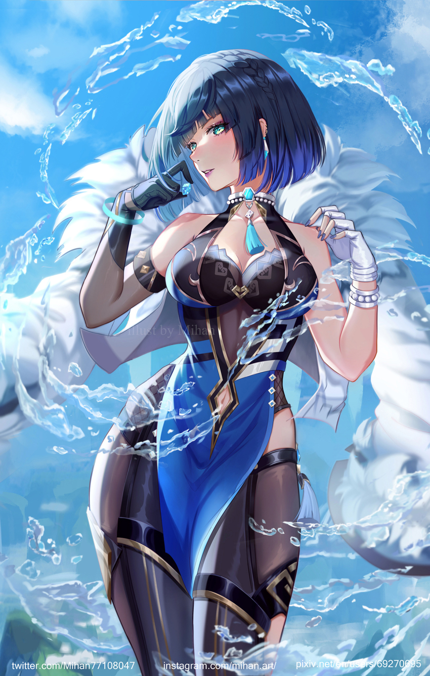 1girl, bare_shoulders, black_gloves, black_thighhighs, blue_dress, blue_hair, blue_nails, blue_sky