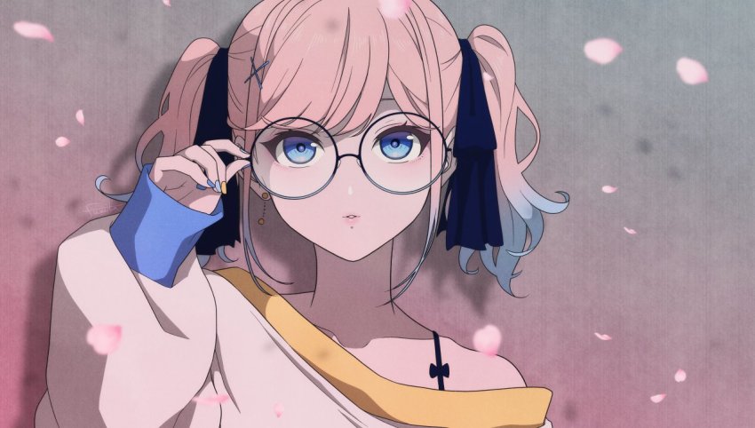 1girl, blue_eyes, blue_hair, blue_nails, fumita_bntr, glasses, gradient_hair, hair_ornament
