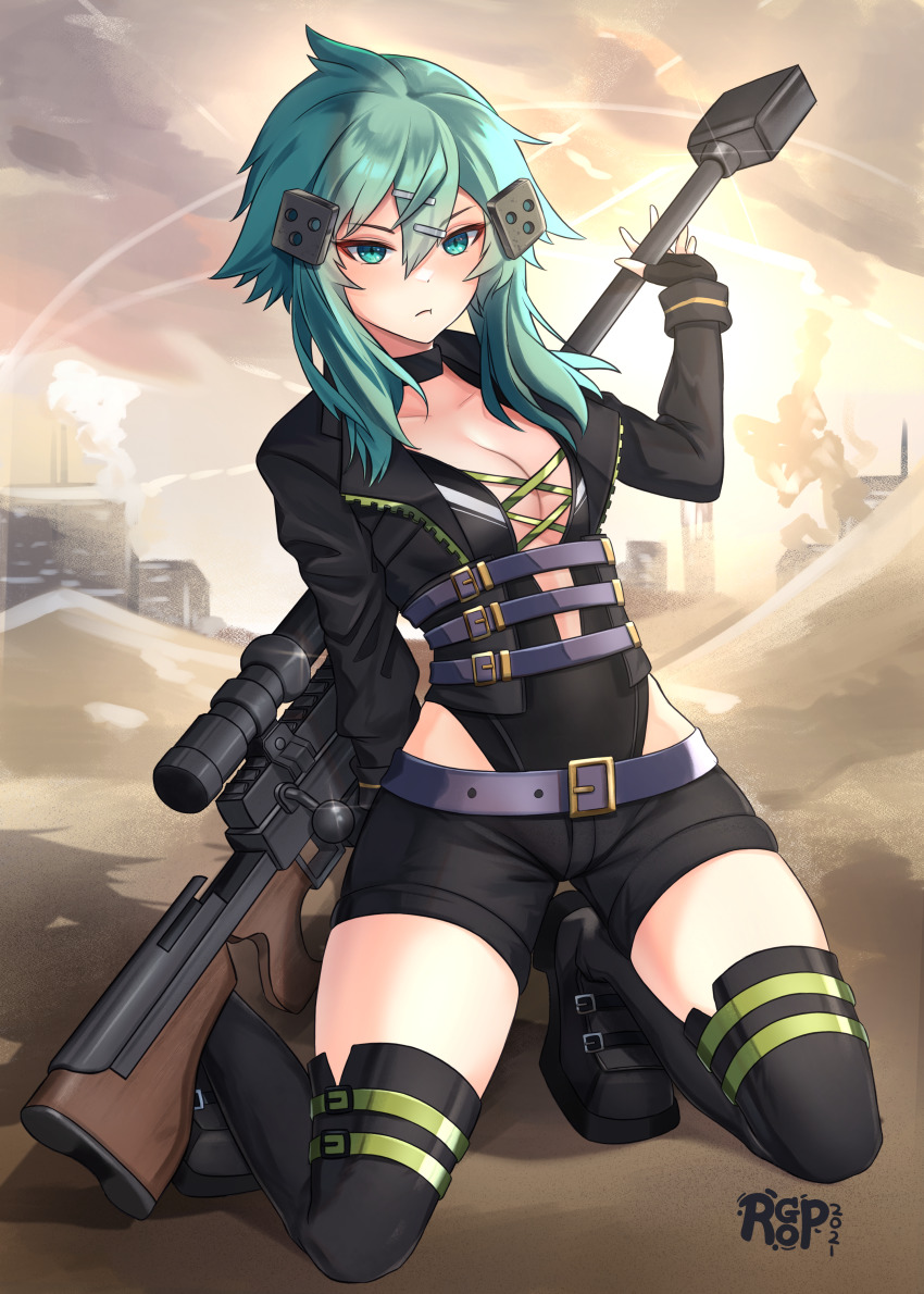 1girl, 2021, absurdres, artist_logo, beach, belt, black_gloves, black_shorts, black_thighhighs, breasts, cleavage, closed_mouth, collarbone, fingerless_gloves, gloves, green_hair, gun, hair_ornament, hairclip, highres, kneeling, large_breasts, logo, long_sleeves, masamura_(masamura_eliza), medium_hair, outdoors, purple_belt, rifle, sand, shorts, sinon, sniper_rifle, sword_art_online, thighhighs, thighs, weapon