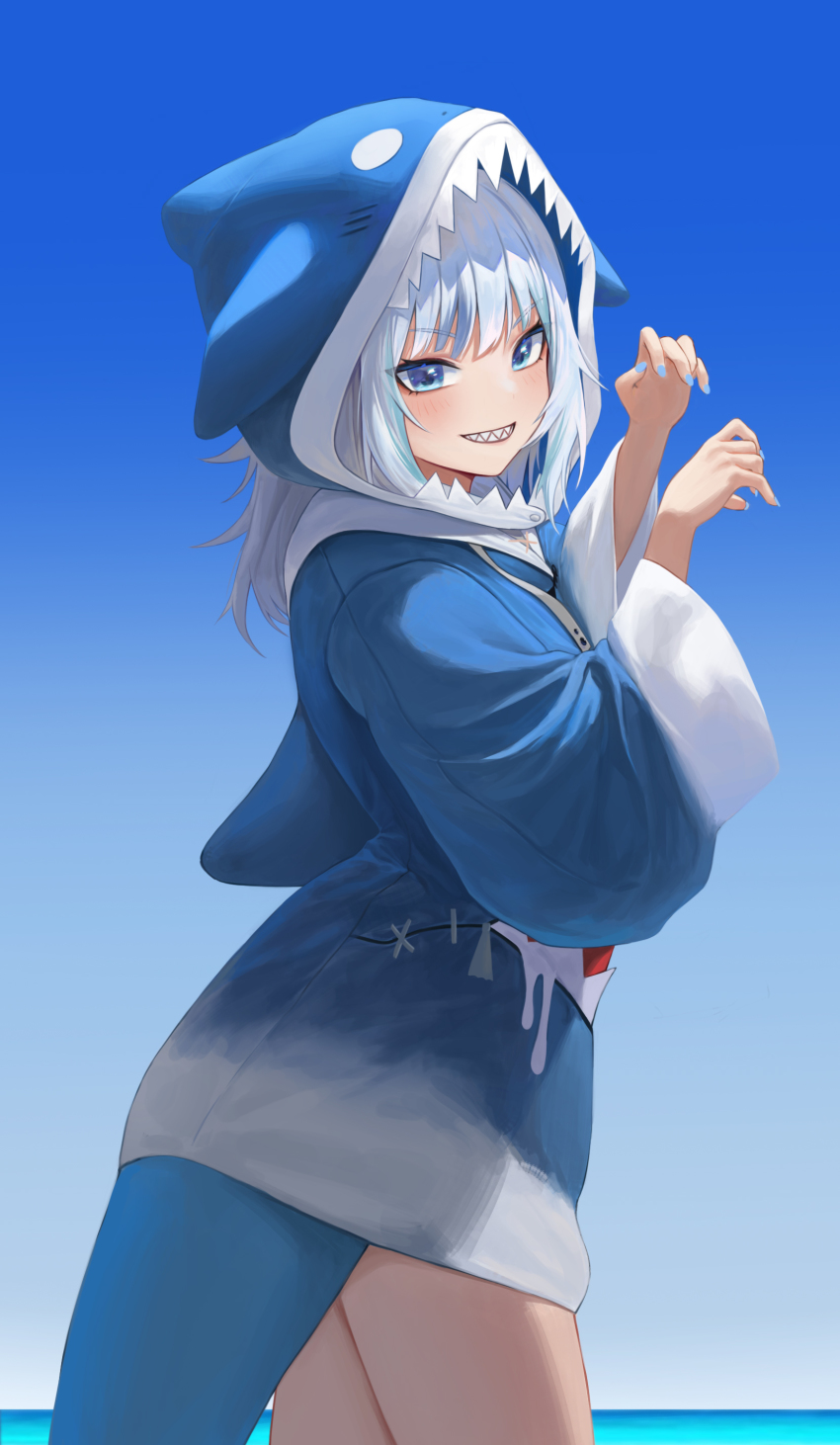 1girl, absurdres, animal_hood, blue_eyes, blue_hair, blue_hoodie, blue_nails, blush