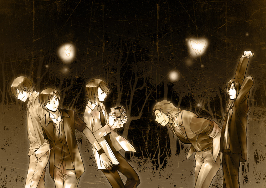 5boys, amakura_kei, arm_behind_head, arm_up, asou_yuu, back-to-back, bent_over, black_hair