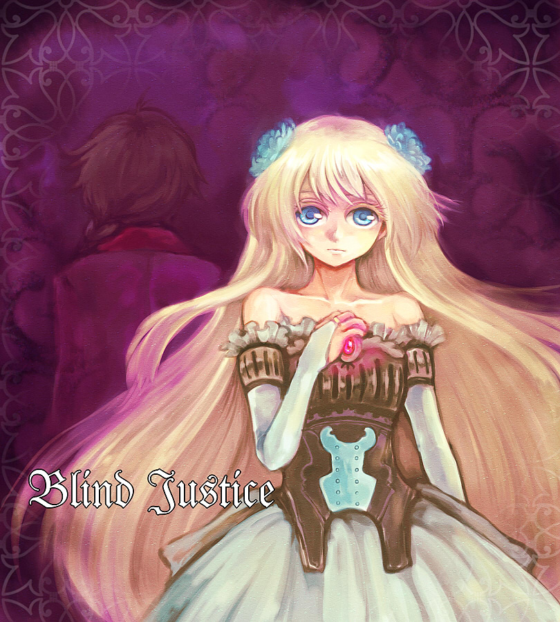 1boy, 1girl, back, bare_shoulders, beatmania_iidx, bemani, blonde_hair, blue_eyes