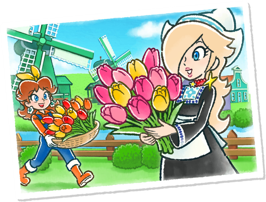 2girls, basket, black_dress, blonde_hair, blue_eyes, blue_sky, boots, brown_hair, dress, dutch_clothes, earrings, farm, fence, flower, flower_earrings, gloves, grin, hat, highres, jewelry, long_hair, mario_(series), mario_kart, mario_kart_tour, multiple_girls, nintendo, official_alternate_costume, official_art, orange_boots, overalls, princess_daisy, princess_daisy_(farmer), ribbon, rosalina, rosalina_(volendam), sky, smile, water, windmill
