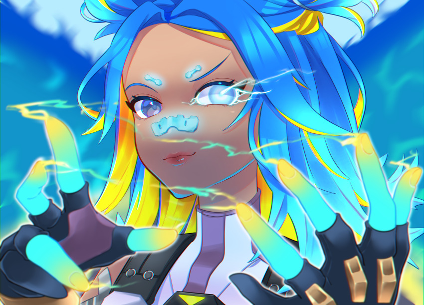 1girl, absurdres, animification, black_gloves, blonde_hair, blue_hair, cloud, colored_inner_hair