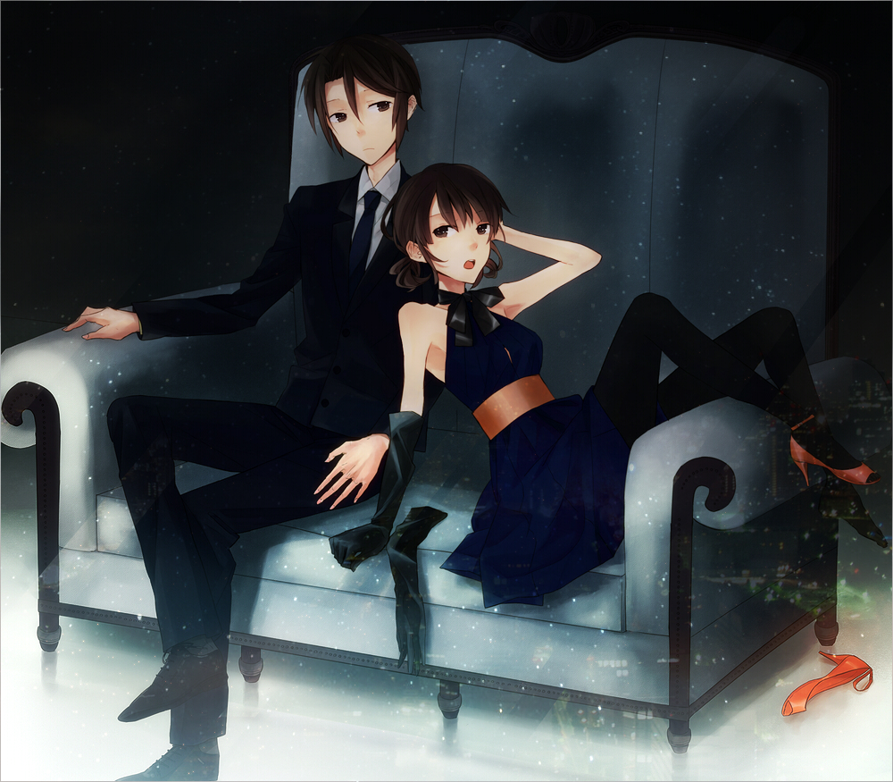 1boy, 1girl, bad_id, bad_pixiv_id, bare_shoulders, brown_eyes, brown_hair, couch