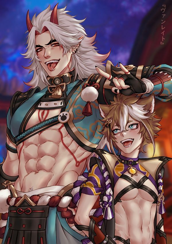 abs, alternate_costume, animal_ears, arataki_itto, arataki_itto_(cosplay), black_nails, blue_eyes, body_markings, brown_hair, choker, cosplay, ear_piercing, earrings, fingerless_gloves, genshin_impact, gloves, gorou_(genshin_impact), gorou_(genshin_impact)_(cosplay), hair_ornament, horns, jewelry, long_hair, multicolored_hair, nail_polish, oni, oni_horns, open_mouth, pectorals, piercing, pointy_ears, red_eyes, red_hair, red_horns, stomach, teeth, tongue, tongue_out, tongue_piercing, two-tone_hair, white_hair