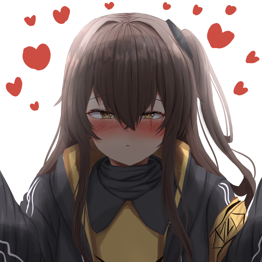 1girl, absurdres, armband, black_jacket, blush, brown_hair, girls'_frontline, heart