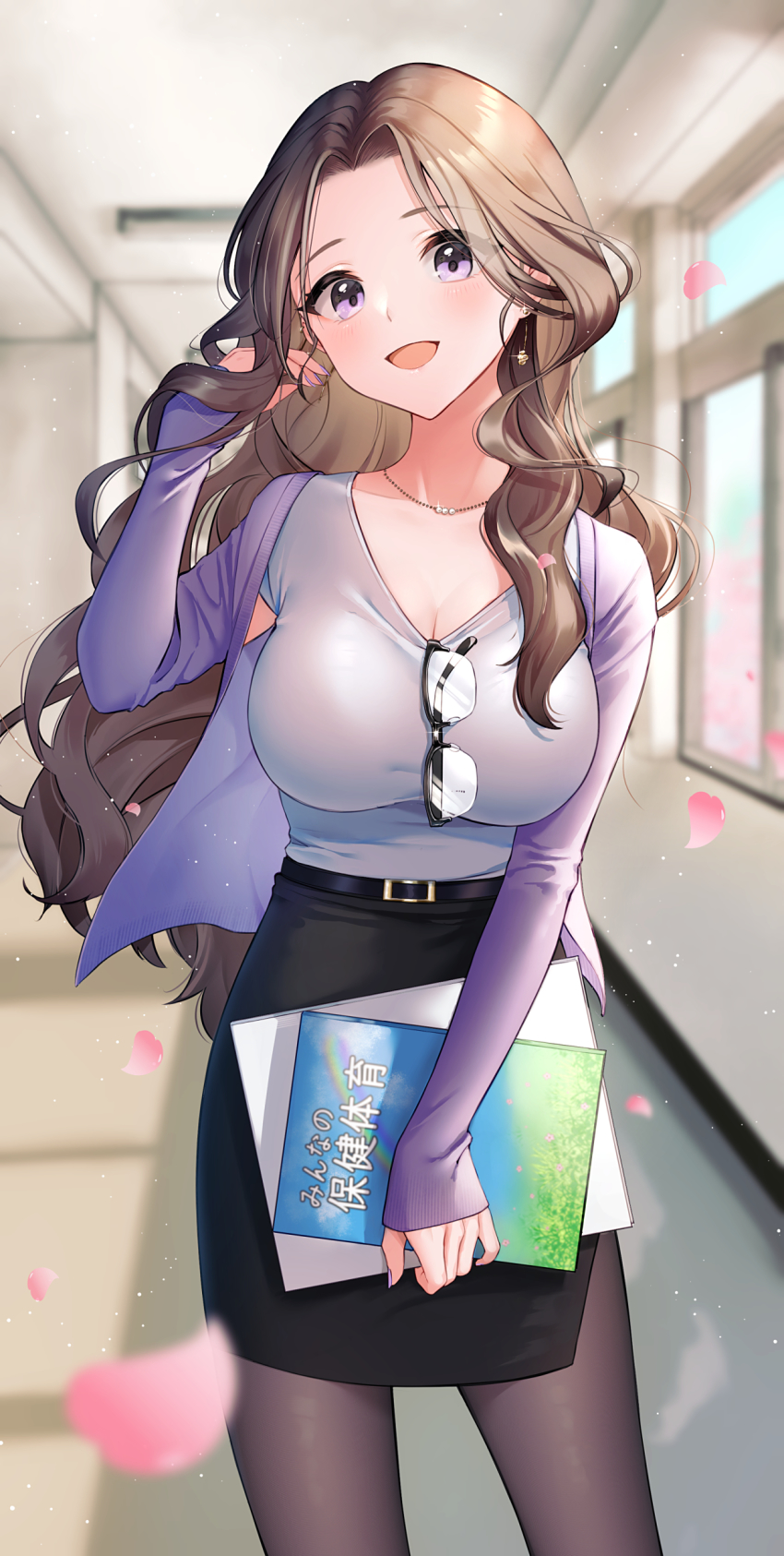 18-gou_(vtuber), 1girl, absurdres, belt, between_breasts, black_skirt, blouse, blue_shirt, blurry, blurry_foreground, book, breasts, brown_eyes, brown_hair, brown_pantyhose, cherry_blossoms, cleavage, collarbone, commentary, commentary_request, commission, cowboy_shot, curly_hair, depth_of_field, eyebrows_hidden_by_hair, eyelashes, eyepatch, eyewear_hang, forehead, glasses, hallway, hand_up, head_tilt, highres, holding, indie_virtual_youtuber, indoors, jewelry, large_breasts, layered_sleeves, legs_apart, light_particles, long_hair, long_sleeves, looking_at_viewer, mikazuki_mika, nail_polish, necklace, open_mouth, over-rim_eyewear, pantyhose, pencil_skirt, petals, purple_eyes, purple_nails, purple_shirt, semi-rimless_eyewear, shirt, shirt_tucked_in, skirt, sleeves_past_wrists, smile, solo, standing, teacher, textbook, unworn_eyewear, very_long_hair, virtual_youtuber, wavy_hair, window