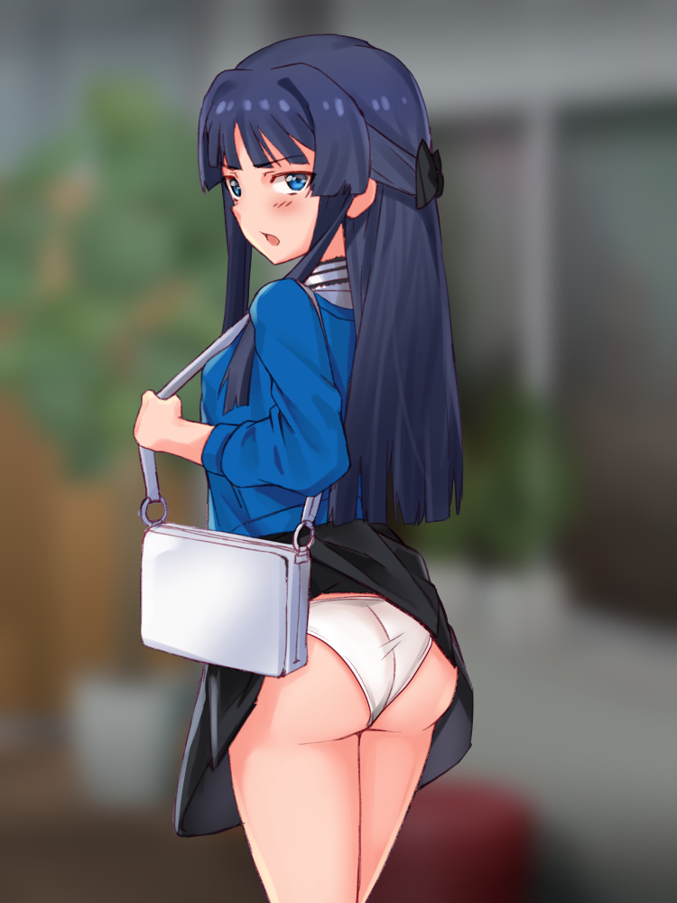 1girl, ass, bag, black_hair, black_skirt, blue_dress, blue_eyes, blurry, depth_of_field, dress, from_behind, hair_intakes, idolmaster, idolmaster_million_live!, idolmaster_million_live!_theater_days, indoors, long_hair, looking_at_viewer, mogami_shizuka, panties, skirt, solo, standing, underwear, wardrobe_malfunction, white_panties, yahankkwo