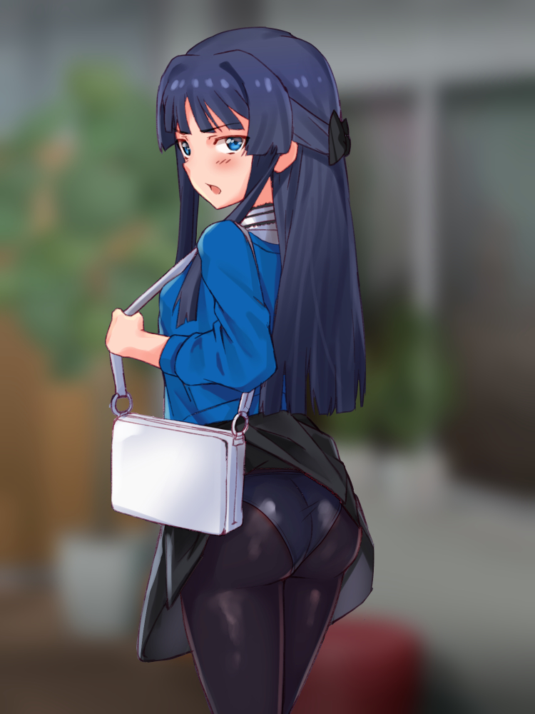1girl, ass, bag, black_hair, black_pantyhose, black_skirt, blue_dress, blue_eyes