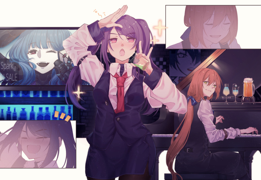 3girls, black_legwear, black_pants, black_vest, blue_hair, closed_eyes, closed_mouth, commentary